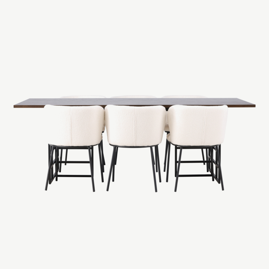 Tumepruun söögilaud Ystad (tammespoon, 220×100 cm) ja polsterdatud söögitool Edina (valge buklee, mustad metalljalad), GR23763 – 2