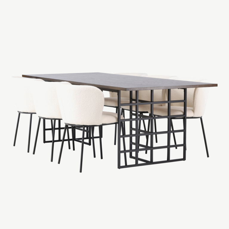 Tumepruun söögilaud Ystad (tammespoon, 220x100 cm) ja polsterdatud söögitool Edina (valge buklee, mustad metalljalad) - GR23763