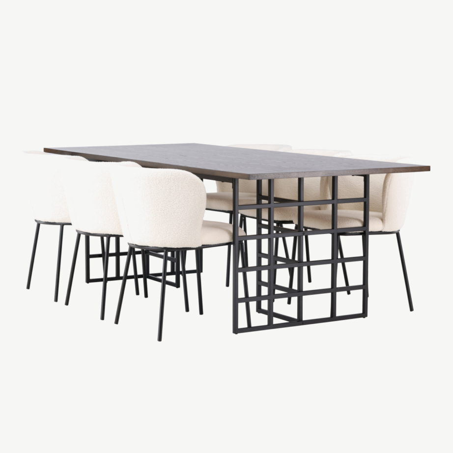 Tumepruun söögilaud Ystad (tammespoon, 220×100 cm) ja polsterdatud söögitool Edina (valge buklee, mustad metalljalad), GR23763 – 4