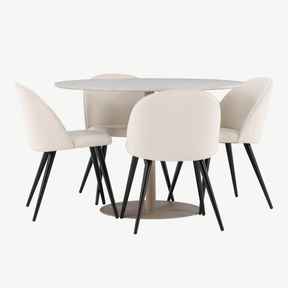 Ümar söögikomplekt Lycke lauaga ja beežide samettoolidega (MDF, 4 kohta), GR24389