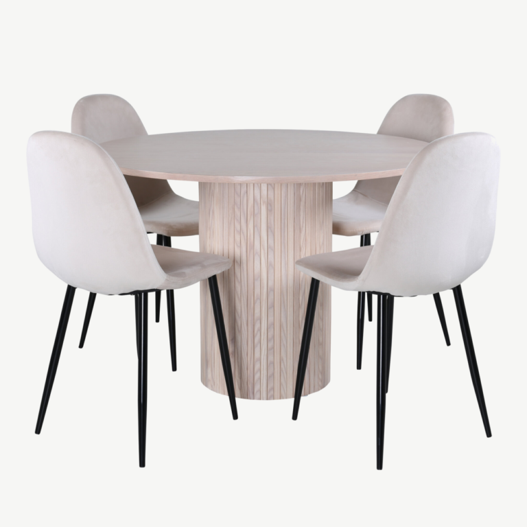 Ümar söögilauakomplekt Bianca (valge peitsiga MDF, 4 beeži velvetkattega tooli) - GR22287