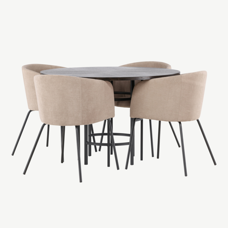 Ümar söögilauakomplekt Copenhagen (mokka MDF, must metalljalg, beežid polsterdatud toolid), GR22846 – 3