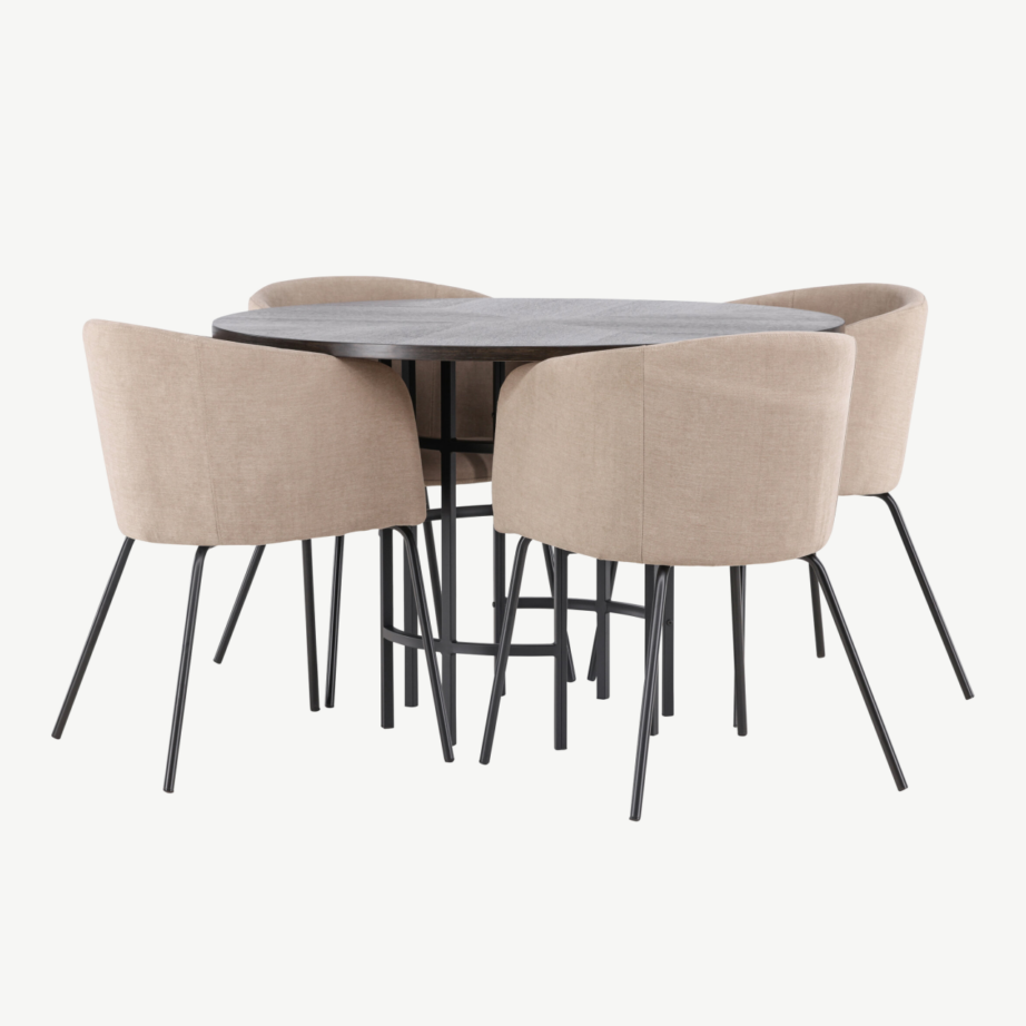 Ümar söögilauakomplekt Copenhagen (mokka MDF, must metalljalg, beežid polsterdatud toolid), GR22846 – 4