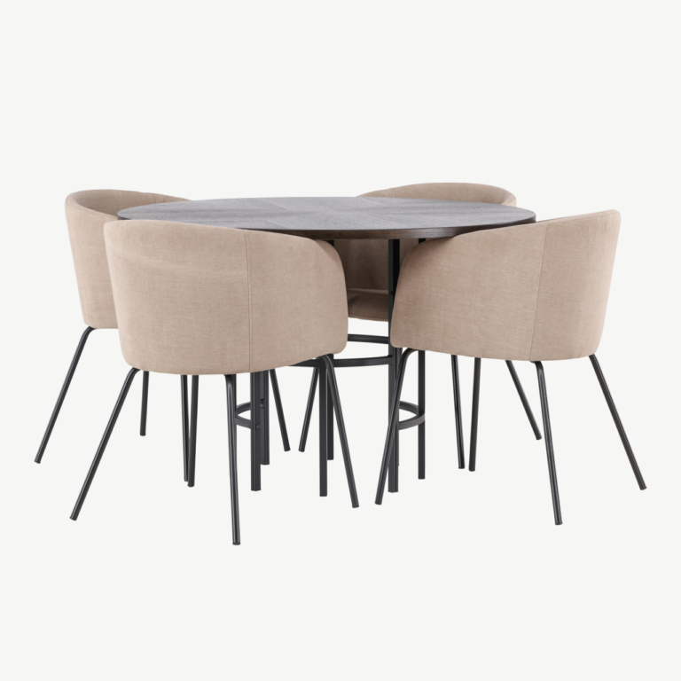 Ümar söögilauakomplekt Copenhagen (mokka MDF, must metalljalg, beežid polsterdatud toolid) - GR22846