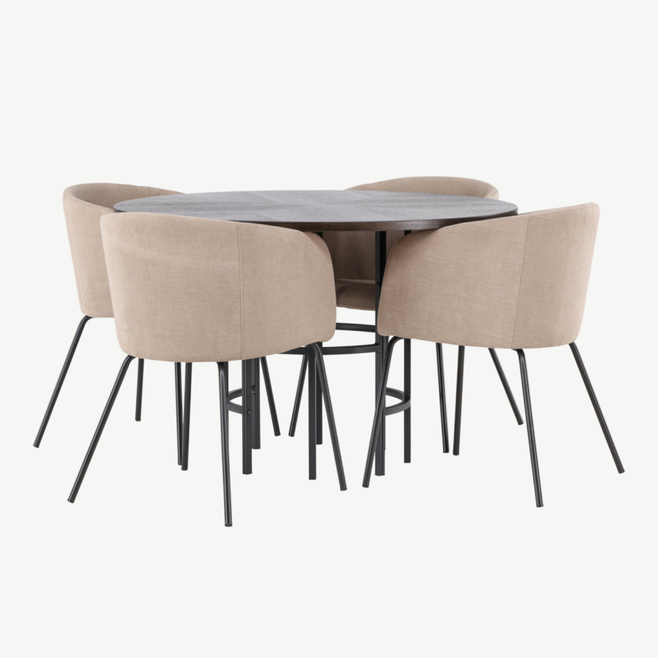 Ümar söögilauakomplekt Copenhagen (mokka MDF, must metalljalg, beežid polsterdatud toolid), GR22846