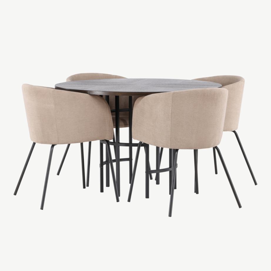 Ümar söögilauakomplekt Copenhagen (mokka MDF, must metalljalg, beežid polsterdatud toolid), GR22846 – 6