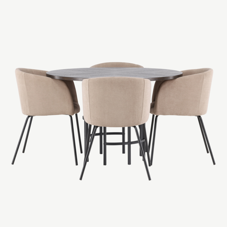 Ümar söögilauakomplekt Copenhagen (mokka MDF, must metalljalg, beežid polsterdatud toolid) - GR22846