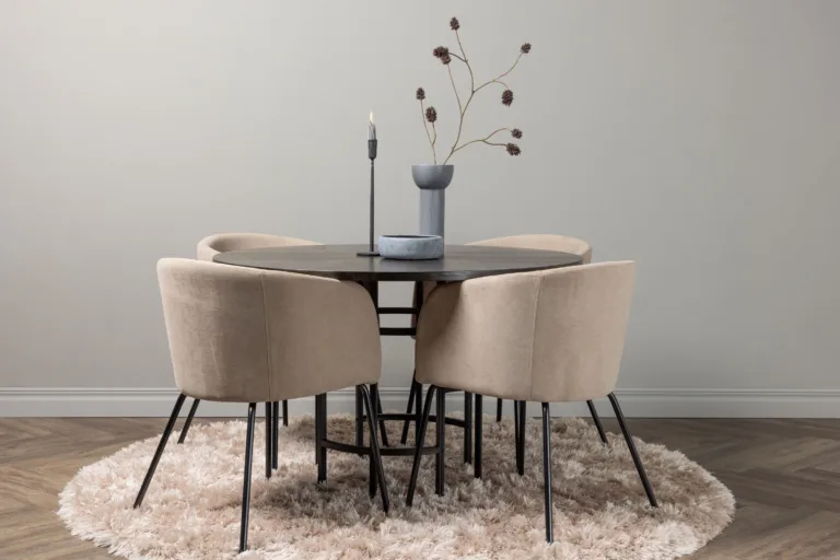 Ümar söögilauakomplekt Copenhagen (mokka MDF, must metalljalg, beežid polsterdatud toolid) - GR22846