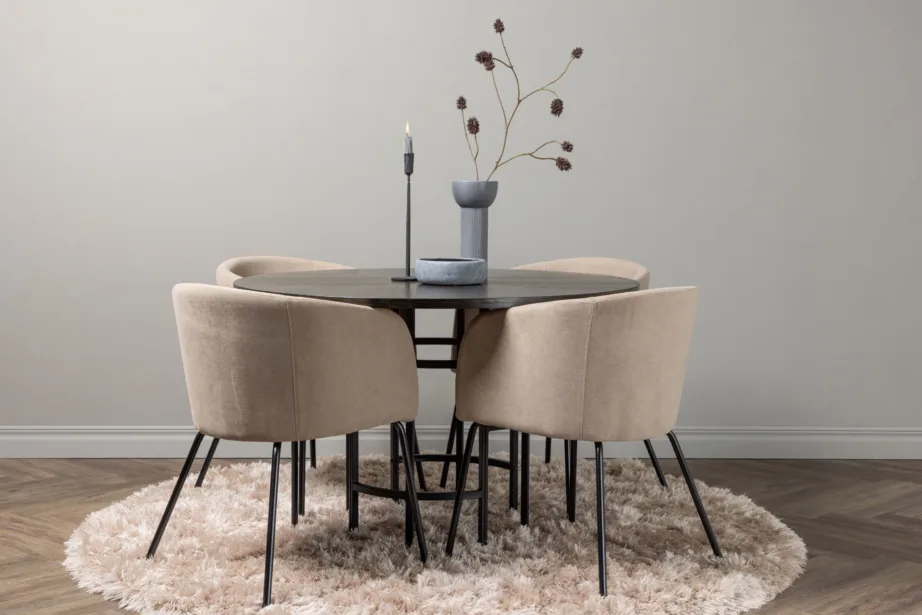 Ümar söögilauakomplekt Copenhagen (mokka MDF, must metalljalg, beežid polsterdatud toolid), GR22846 – 8
