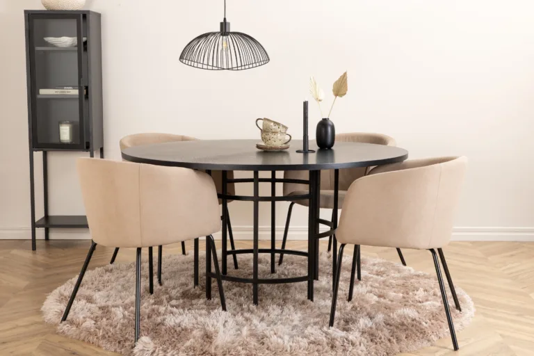 Ümar söögilauakomplekt Copenhagen (must MDF, 4 beeži polsterdatud tooli) - GR22281