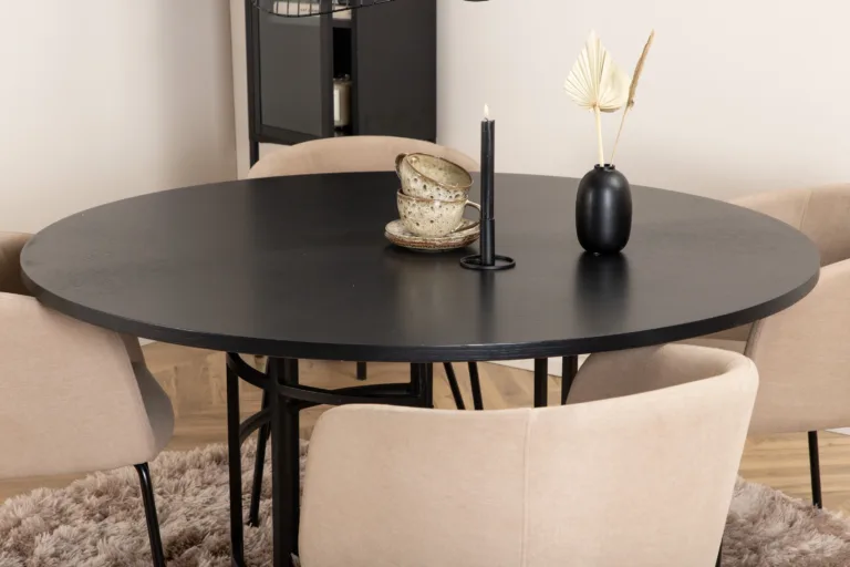 Ümar söögilauakomplekt Copenhagen (must MDF, 4 beeži polsterdatud tooli) - GR22281
