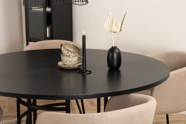 Ümar söögilauakomplekt Copenhagen (must MDF, 4 beeži polsterdatud tooli) - GR22281