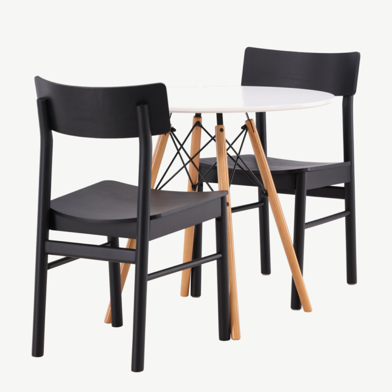 Ümar söögilauakomplekt Danburi (valge MDF, pöögipuit, 2 musta Montros tooli) - GR23169
