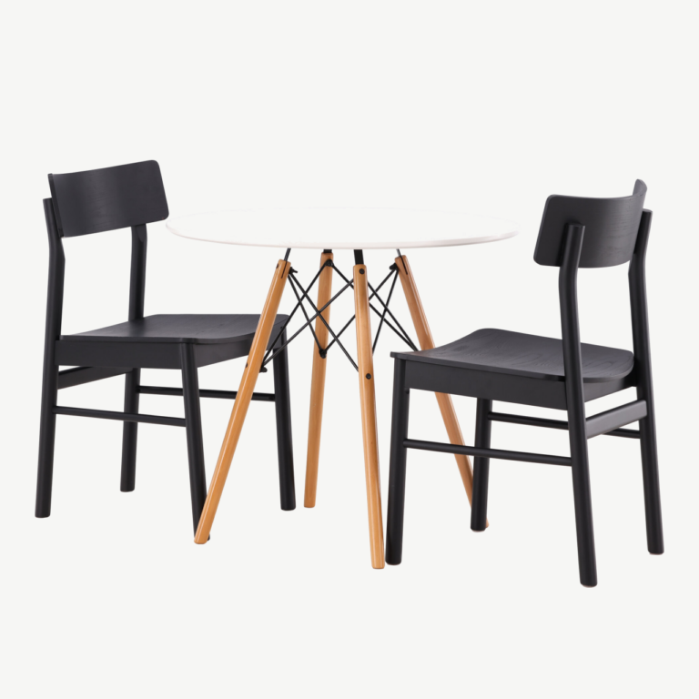 Ümar söögilauakomplekt Danburi (valge MDF, pöögipuit, 2 musta Montros tooli) - GR23169