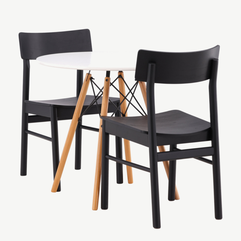 Ümar söögilauakomplekt Danburi (valge MDF, pöögipuit, 2 musta Montros tooli) - GR23169