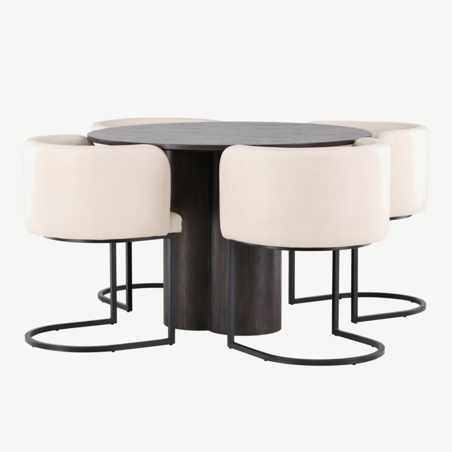 Ümar söögilauakomplekt Olivia mokka viimistlusega, Simrishamn polsterdatud toolid (beež, must teras), GR23088 – 4