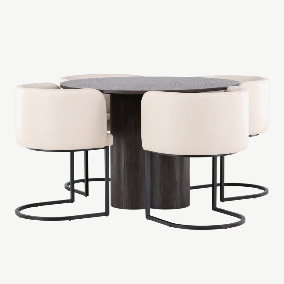 Ümar söögilauakomplekt Olivia mokka viimistlusega, Simrishamn polsterdatud toolid (beež, must teras), GR23088 – 6
