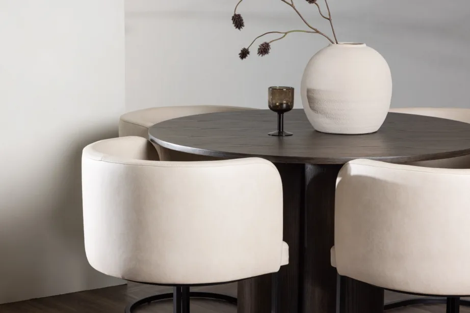 Ümar söögilauakomplekt Olivia mokka viimistlusega, Simrishamn polsterdatud toolid (beež, must teras), GR23088 – 9