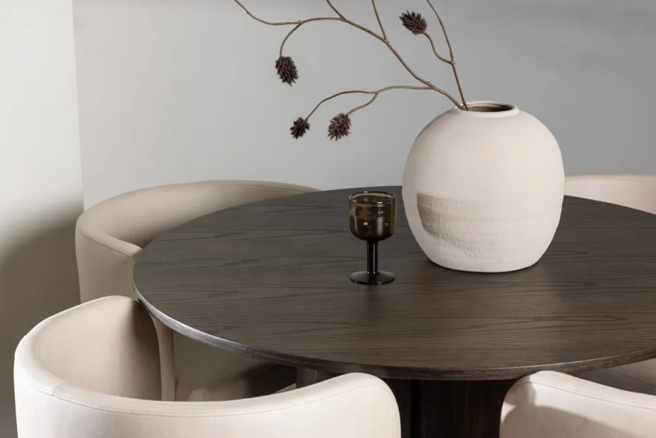 Ümar söögilauakomplekt Olivia mokka viimistlusega, Simrishamn polsterdatud toolid (beež, must teras), GR23088 – 10