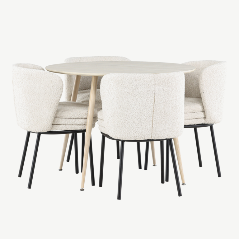 Ümar söögilauakomplekt Plaza (valge peits, 4 valget buklee tooli Agnesega) - GR24477