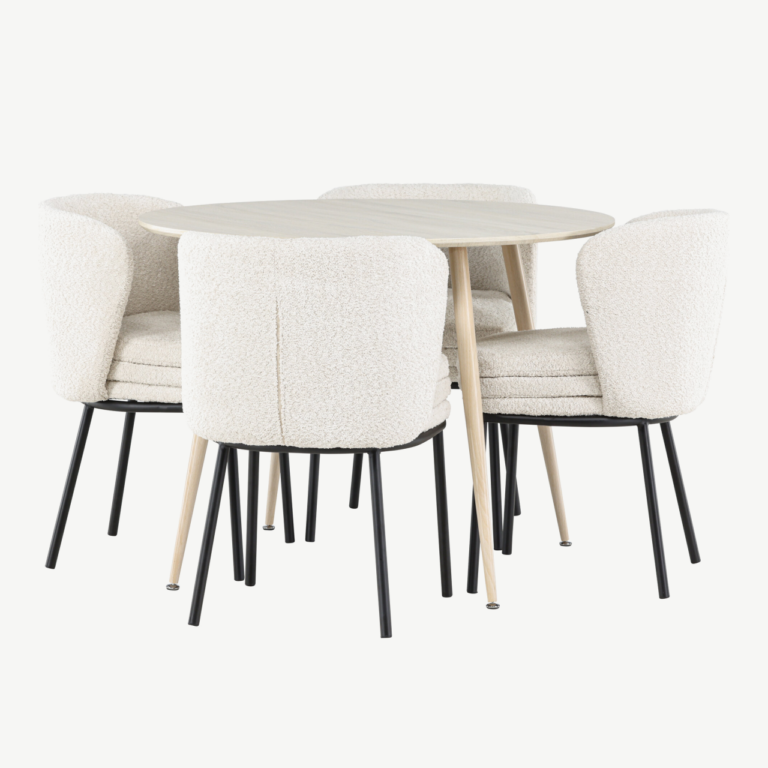 Ümar söögilauakomplekt Plaza (valge peits, 4 valget buklee tooli Agnesega) - GR24477