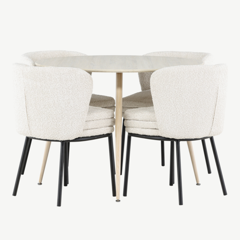 Ümar söögilauakomplekt Plaza (valge peits, 4 valget buklee tooli Agnesega) - GR24477