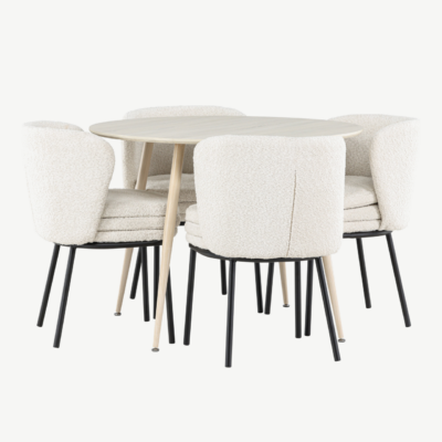 Ümar söögilauakomplekt Plaza (valge peits, 4 valget buklee tooli Agnesega) - GR24477