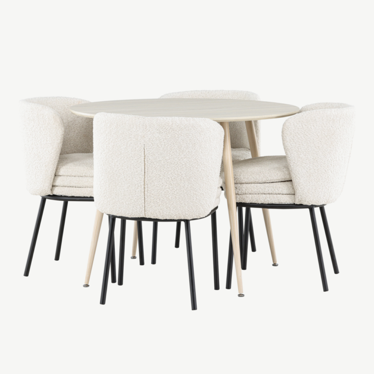 Ümar söögilauakomplekt Plaza (valge peits, 4 valget buklee tooli Agnesega) - GR24477