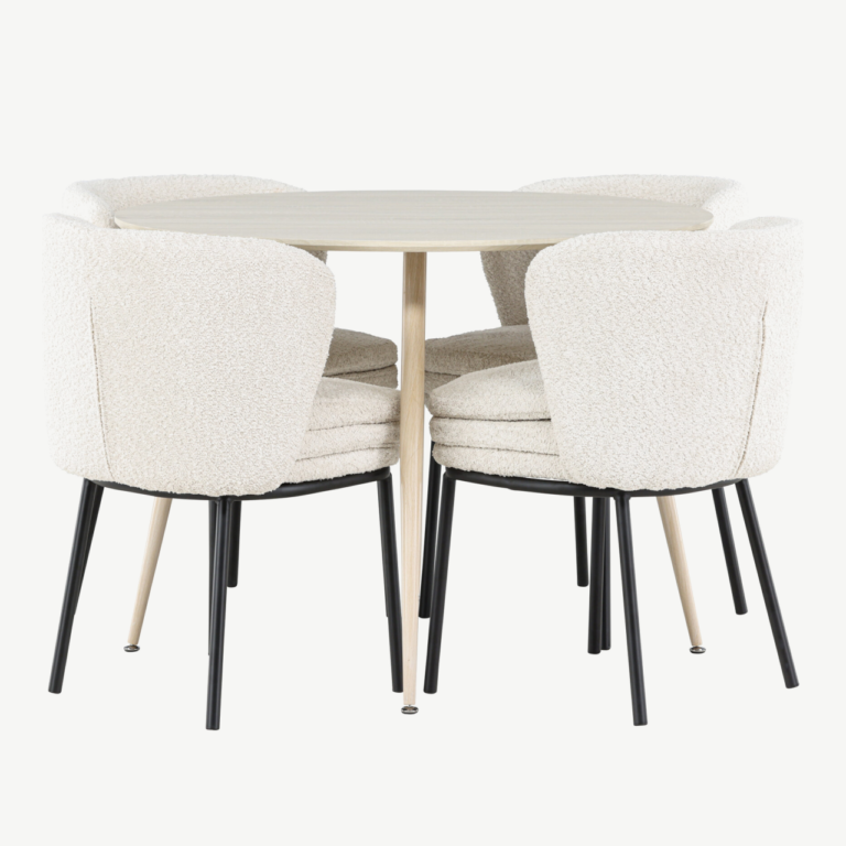 Ümar söögilauakomplekt Plaza (valge peits, 4 valget buklee tooli Agnesega) - GR24477