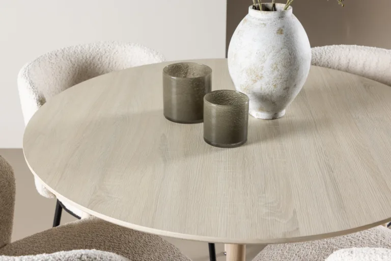 Ümar söögilauakomplekt Plaza (valge peits, 4 valget buklee tooli Agnesega) - GR24477