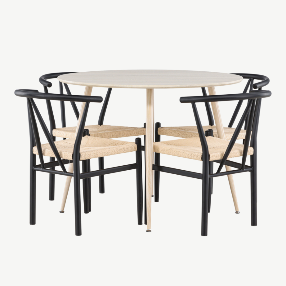 Ümar söögilauakomplekt Plaza valge peitsiga (ø100cm) ja mustad terasraamiga Alfons toolid, 4-le, GR24474 – 2