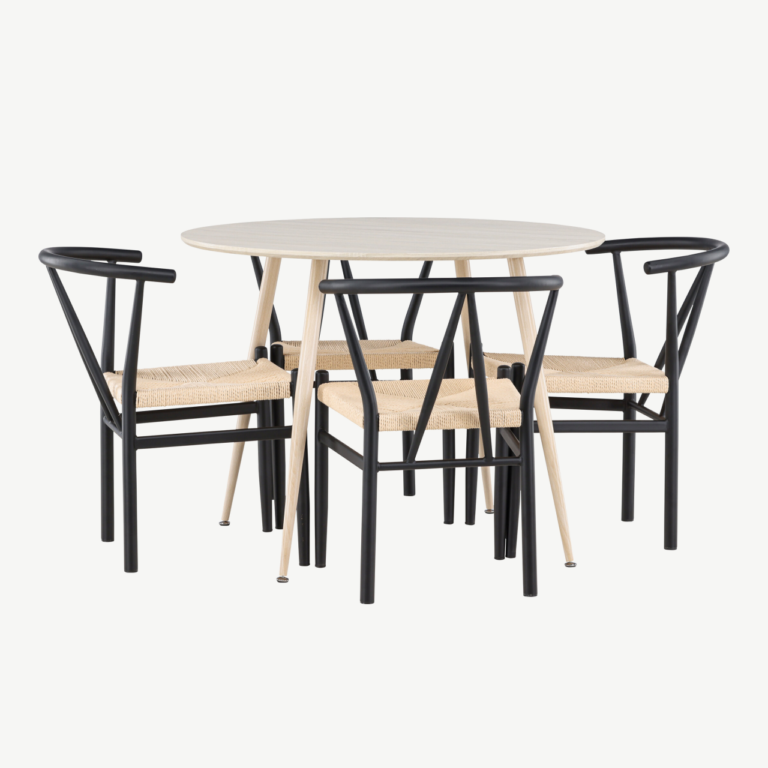 Ümar söögilauakomplekt Plaza valge peitsiga (ø100cm) ja mustad terasraamiga Alfons toolid, 4-le - GR24474