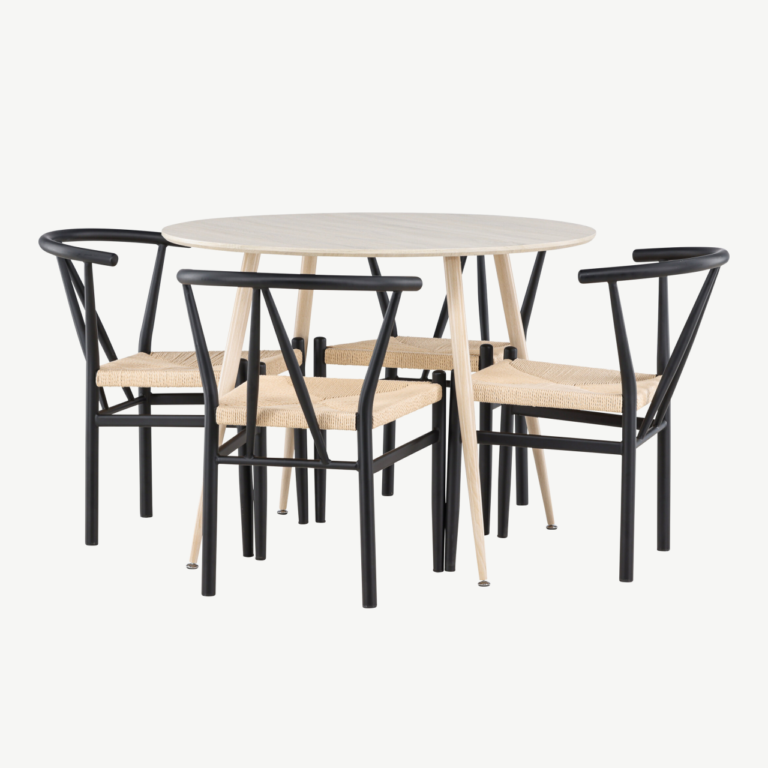 Ümar söögilauakomplekt Plaza valge peitsiga (ø100cm) ja mustad terasraamiga Alfons toolid, 4-le - GR24474