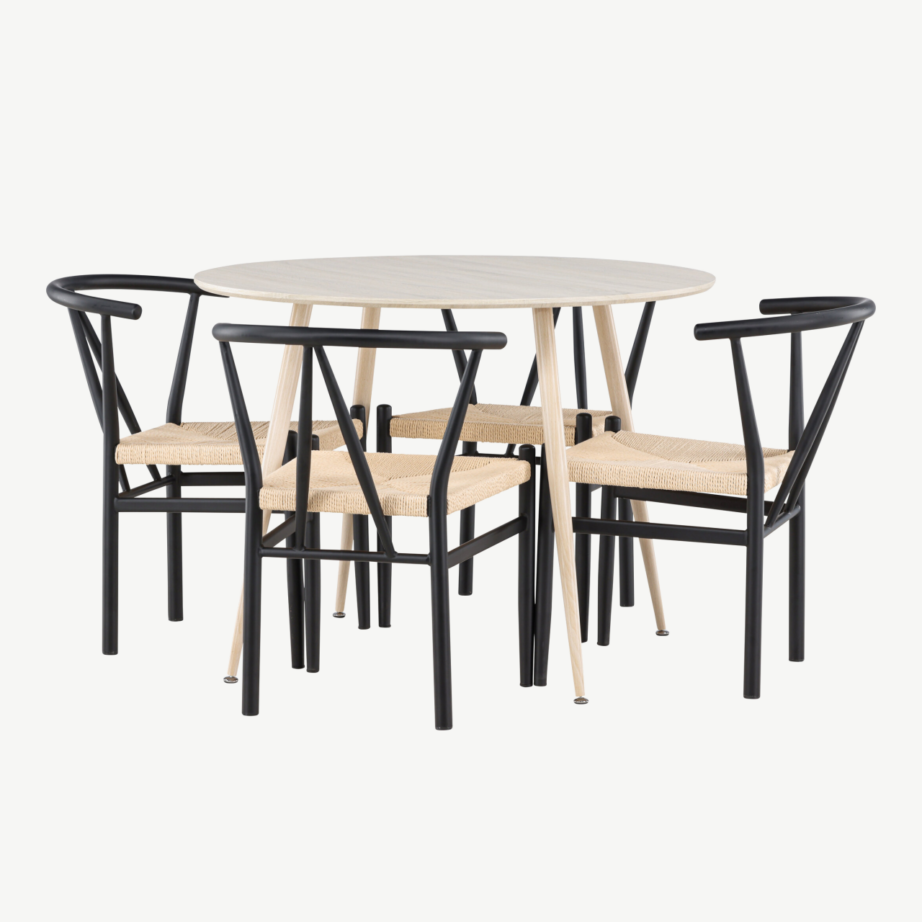 Ümar söögilauakomplekt Plaza valge peitsiga (ø100cm) ja mustad terasraamiga Alfons toolid, 4-le, GR24474 – 4