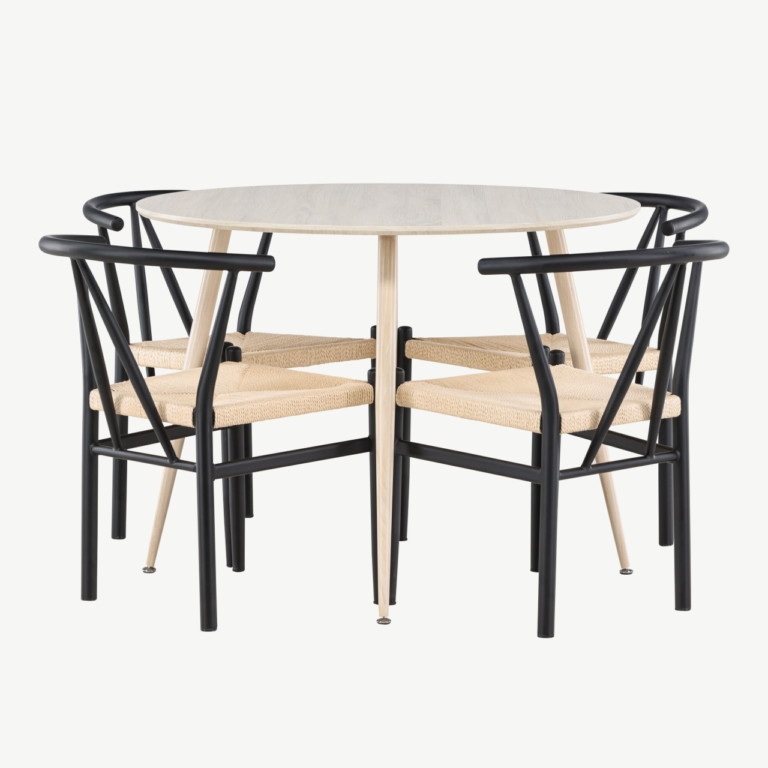 Ümar söögilauakomplekt Plaza valge peitsiga (ø100cm) ja mustad terasraamiga Alfons toolid, 4-le - GR24474