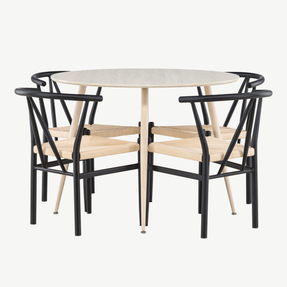 Ümar söögilauakomplekt Plaza valge peitsiga (ø100cm) ja mustad terasraamiga Alfons toolid, 4-le, GR24474 – 5