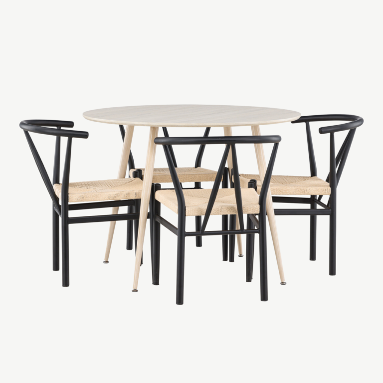 Ümar söögilauakomplekt Plaza valge peitsiga (ø100cm) ja mustad terasraamiga Alfons toolid, 4-le - GR24474