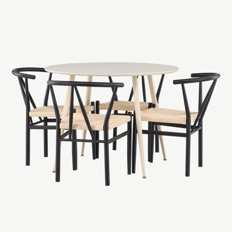 Ümar söögilauakomplekt Plaza valge peitsiga (ø100cm) ja mustad terasraamiga Alfons toolid, 4-le - GR24474