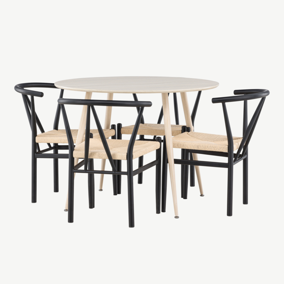 Ümar söögilauakomplekt Plaza valge peitsiga (ø100cm) ja mustad terasraamiga Alfons toolid, 4-le, GR24474 – 6