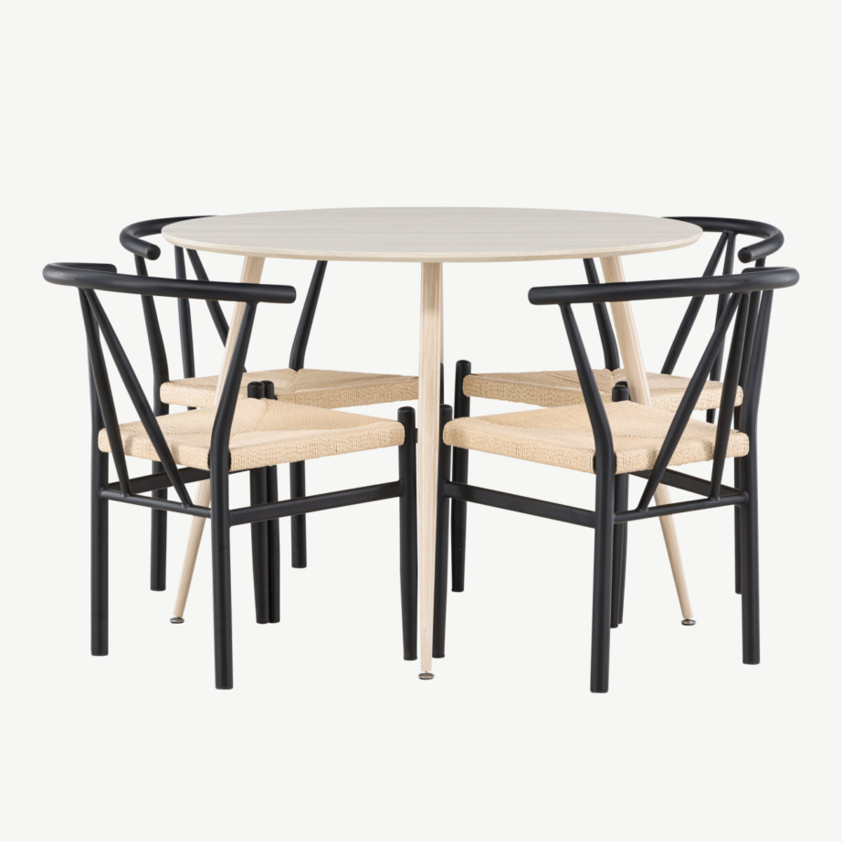 Ümar söögilauakomplekt Plaza valge peitsiga (ø100cm) ja mustad terasraamiga Alfons toolid, 4-le, GR24474 – 7