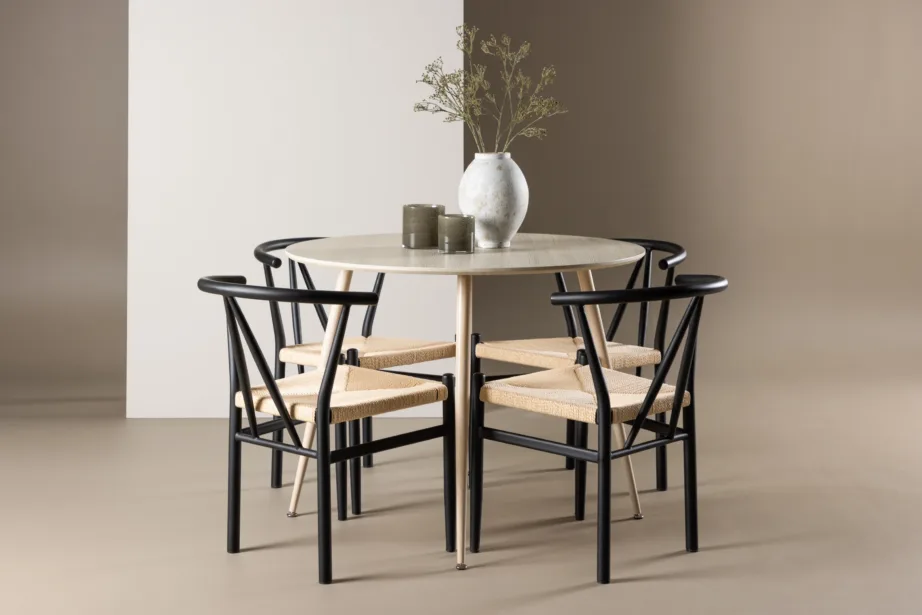 Ümar söögilauakomplekt Plaza valge peitsiga (ø100cm) ja mustad terasraamiga Alfons toolid, 4-le, GR24474 – 8