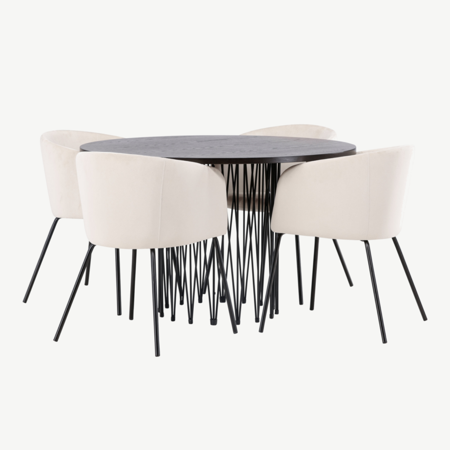 Ümar söögilauakomplekt Stone (mokka viimistlus, must metalljalg) koos Berit samettooli ja beeži kangaga, GR22838 – 3