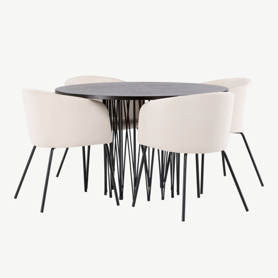 Ümar söögilauakomplekt Stone (mokka viimistlus, must metalljalg) koos Berit samettooli ja beeži kangaga, GR22838 – 4