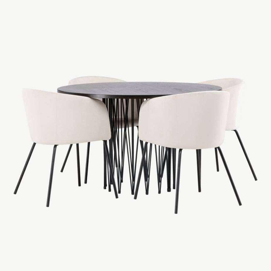Ümar söögilauakomplekt Stone (mokka viimistlus, must metalljalg) koos Berit samettooli ja beeži kangaga, GR22838 – 6