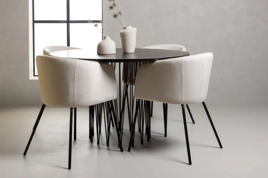 Ümar söögilauakomplekt Stone (mokka viimistlus, must metalljalg) koos Berit samettooli ja beeži kangaga, GR22838 – 8