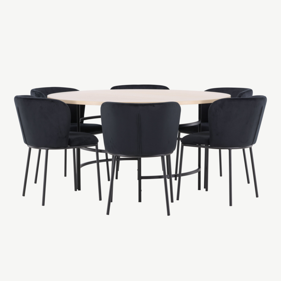 Ümar söögilauakomplekt valge peitsiga lauaga ja 6 musta sametkattega tooliga (Copenhagen, Edina), GR24754