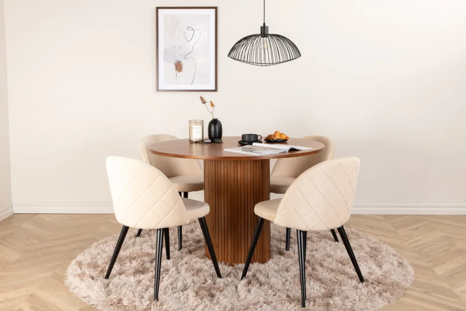 Ümar söögilaud Bianca pähklispooniga ja beežid velvettoolid, GR22492 – 5