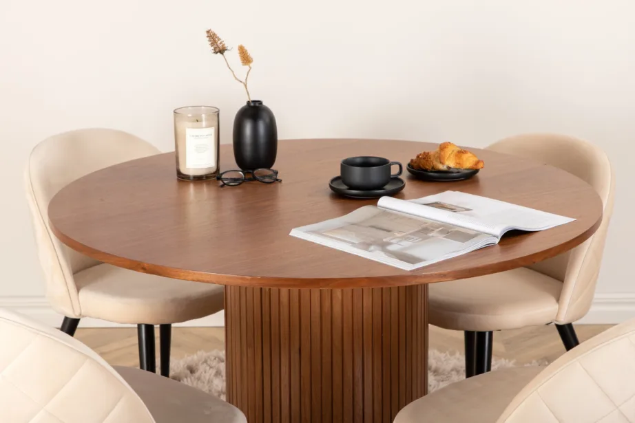 Ümar söögilaud Bianca pähklispooniga ja beežid velvettoolid, GR22492 – 6