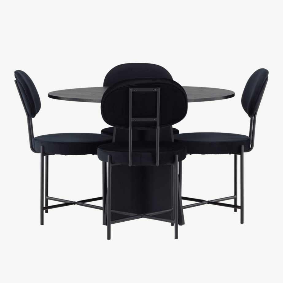 Ümar söögilaud Bootcut (must MDF, ø110cm) ja sametist Stella toolid (must), GR23791 – 2