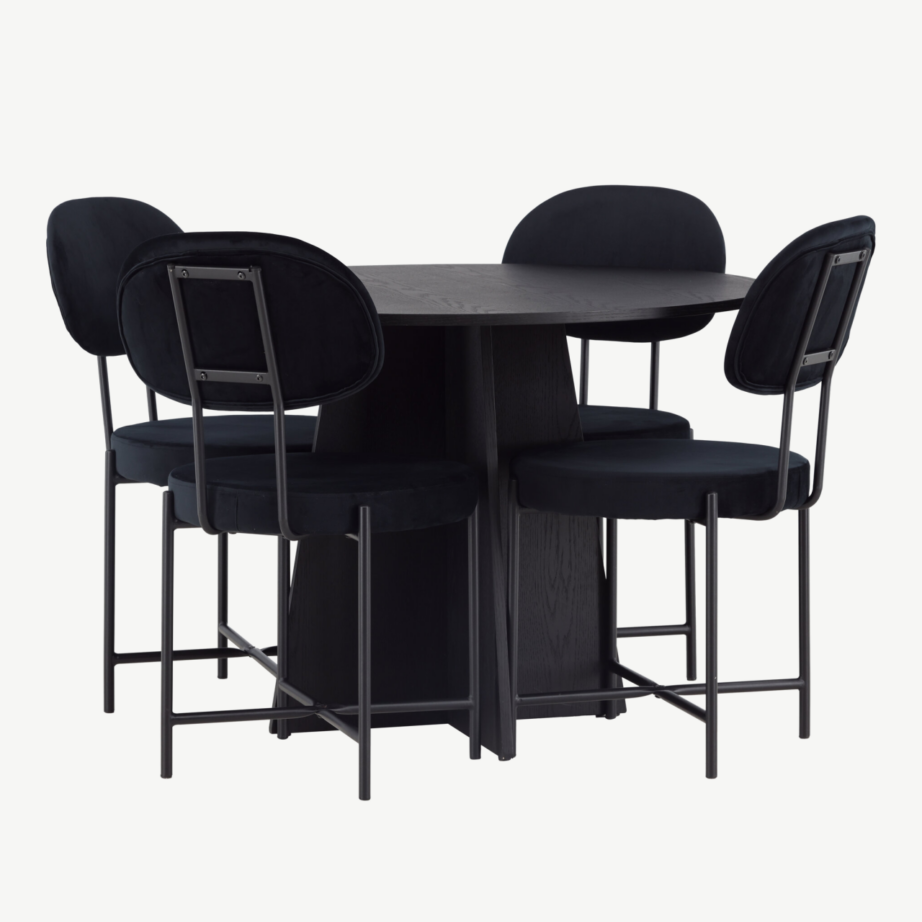 Ümar söögilaud Bootcut (must MDF, ø110cm) ja sametist Stella toolid (must), GR23791 – 3